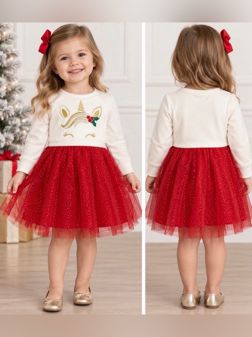 Zunie Girls Unicorn Christmas Tutu Dress 2T Red Gold Holiday